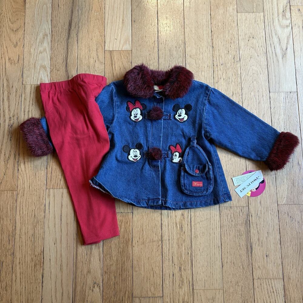 NOS Vtg 90s Y2K Baby Minnie Mickey Mouse Disney 3pc Set Denim Jacket Purse 24M